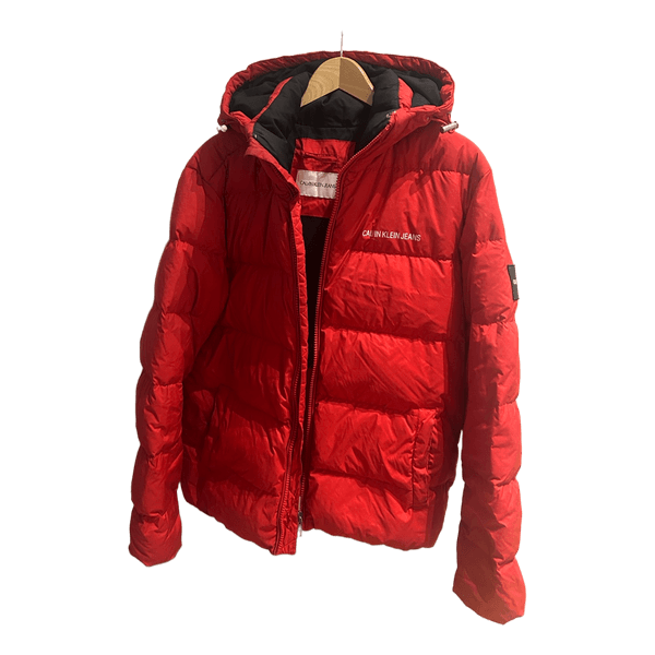 Red puffer jacket