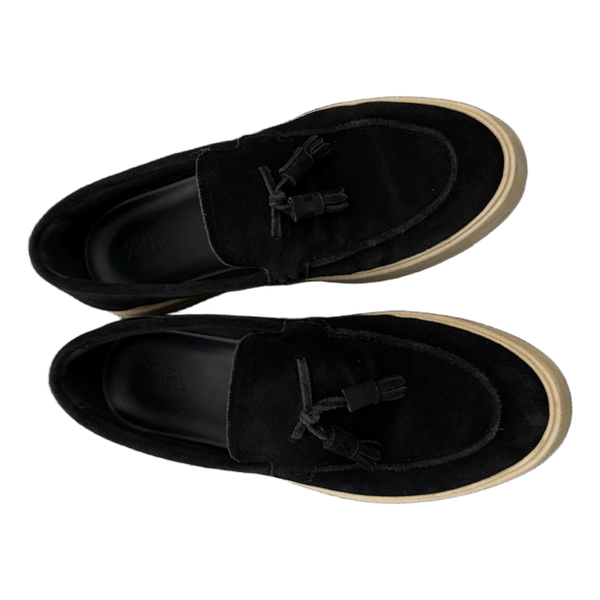 Black suede tassel loafers