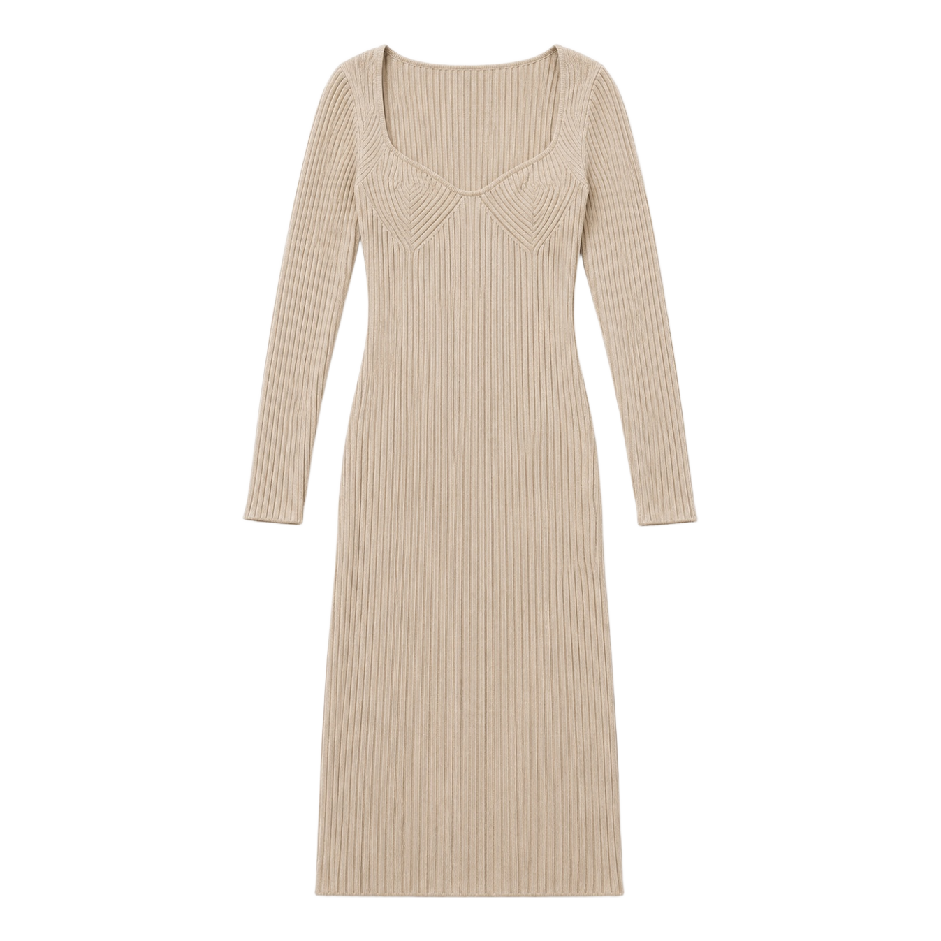 Beige rib knit long-sleeve dress