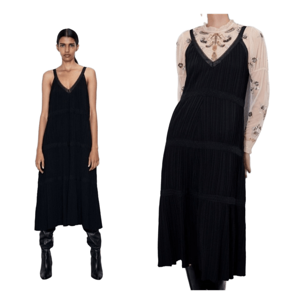 Zara Black Pleated Midi Slip Dress Lace Trim Size S Elegant Party Cocktail Quiet Luxury