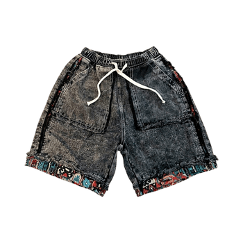 Black denim shorts with colorful trim