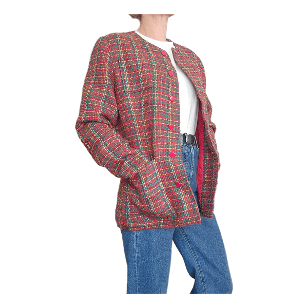 Vintage Multicolor Boucle Tweed Jacket Pink Green Collarless Blazer M Lined