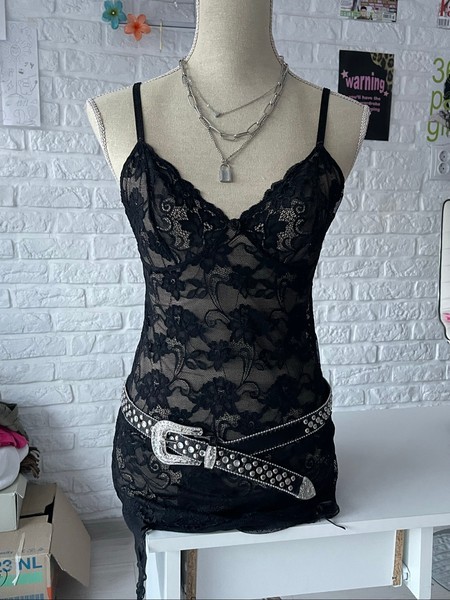 Black lace camisole dress