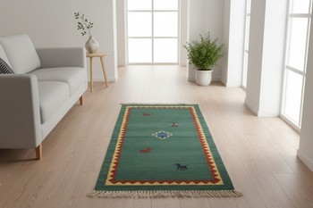 Vihreä Gabbeh-matto - Luonnonläheistä  charmia ja lämpöä, 70 x 140 cm