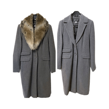 Milo harmaa pitkä villakangastakki 38/40, irrotettava karvakaulus