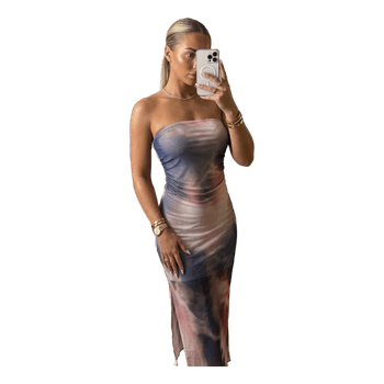 Abstract print strapless dress