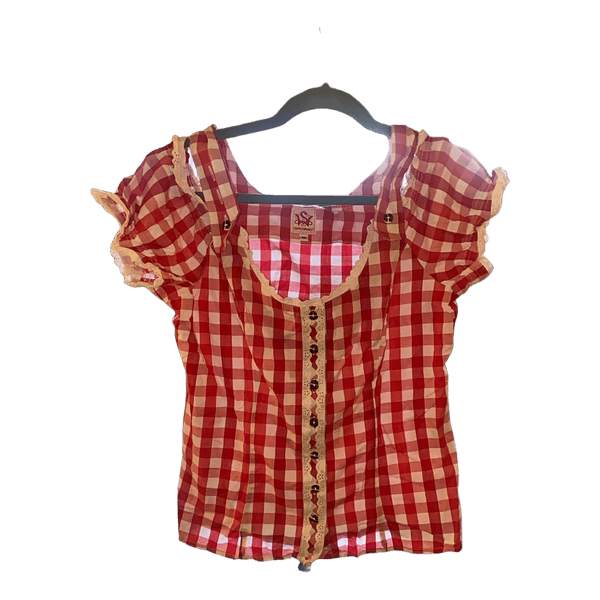 Rødternet bluse med knapper
