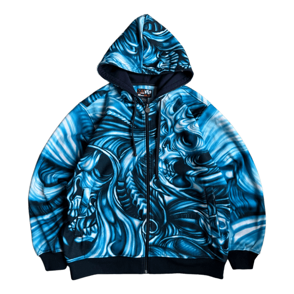 Y2K/ Vintage Boxy Zipped Hoodie Raw Blue All Over Scull Print