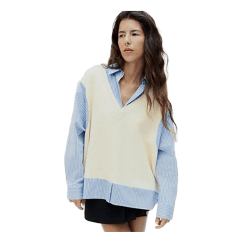ZARA Knit Effect Layered Sweater Shirt Blue Striped Cream Oversized M/L New No Tags