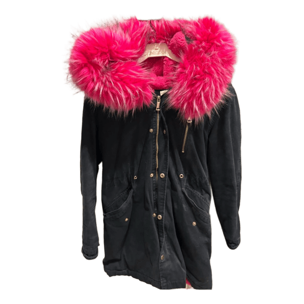Black parka with pink faux fur