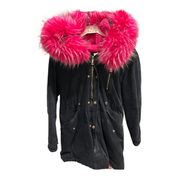 Black parka with pink faux fur