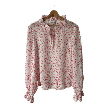 GANNI Red Floral Georgette Blouse - Ruffle Detail - Size 36