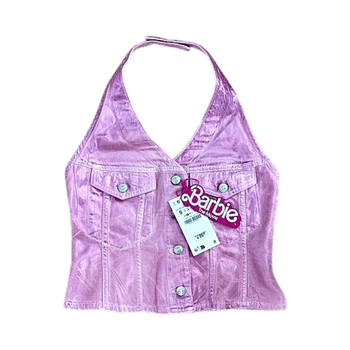 Pink halter neck denim top