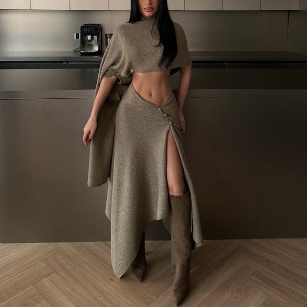 Khaki Knitted Skirt Suit