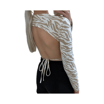 Beige-valkoinen pitkähiha crop top avoimella selällä ja seeprakuvio XS/S – trendy / club / bile