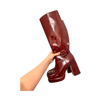 Burgundy glossy knee-high boots