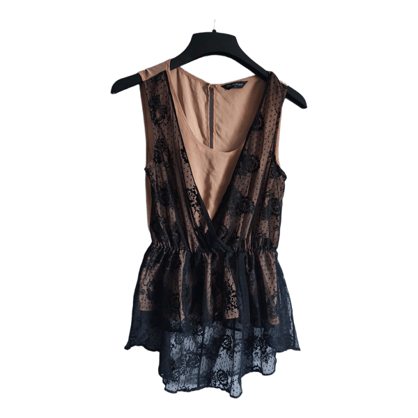 Beige black lace top