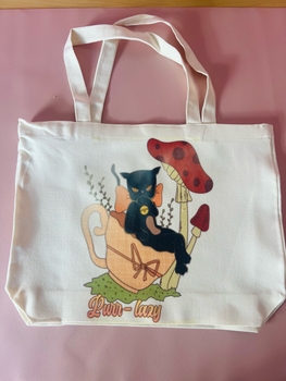 White canvas tote bag with cat design
