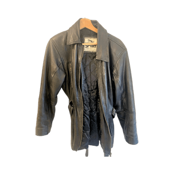 Black leather belted jacket