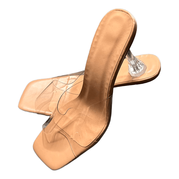 Beige clear heel mules