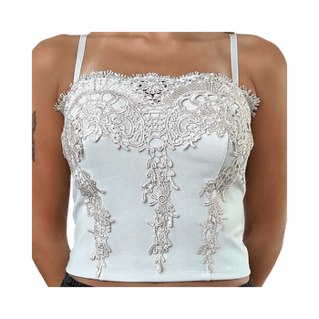 Valkoinen pitsikoristeinen crop top XS/S – juhla / bile / elegantti