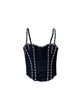 Black corset top with floral trim