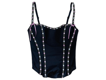 Black corset top with floral trim