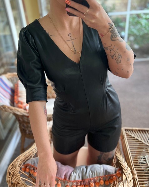 Black faux leather playsuit