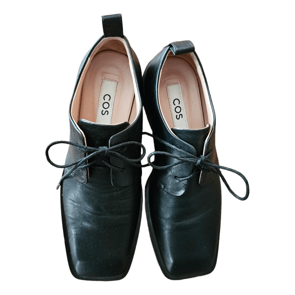 COS Black Leather Square Toe Derby Shoes EU 36 Made in Italy Minimalist Oxford