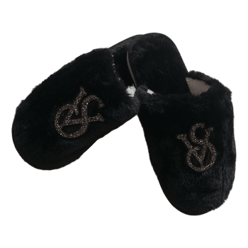 Black faux fur slippers