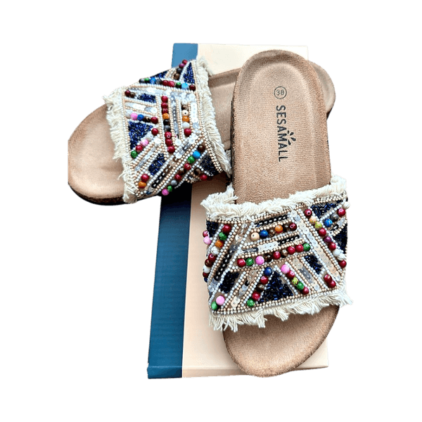 Multicolor embellished slide sandals