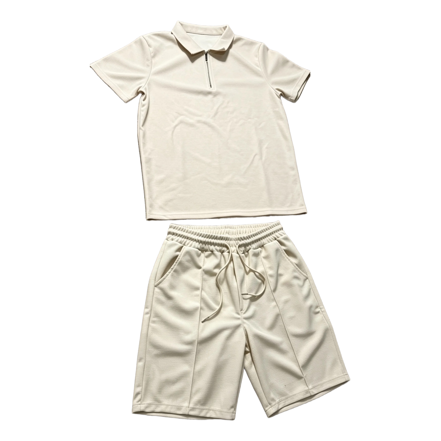 Textured co-ord cream zip up polo & shorts
