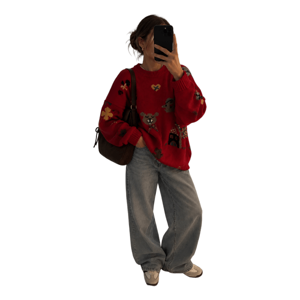 Red embroidered knit sweater