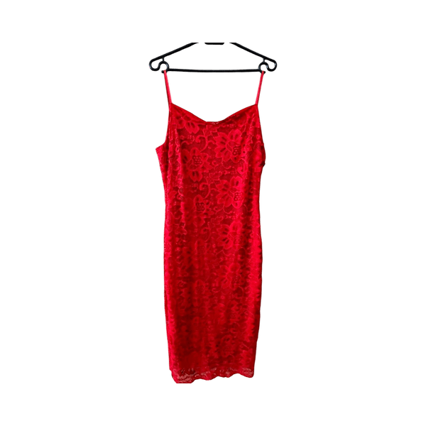 Red lace slip dress