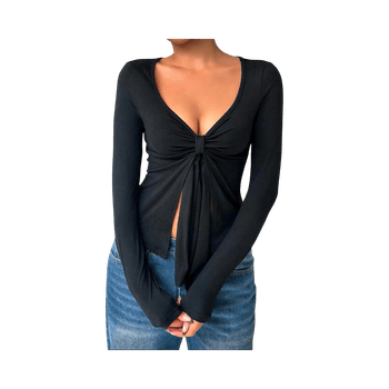 Black long sleeve tie front top