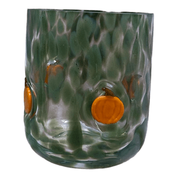 Green glass tumbler with pumpkins