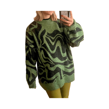 Vihreä neulepaita mustilla kuvioilla