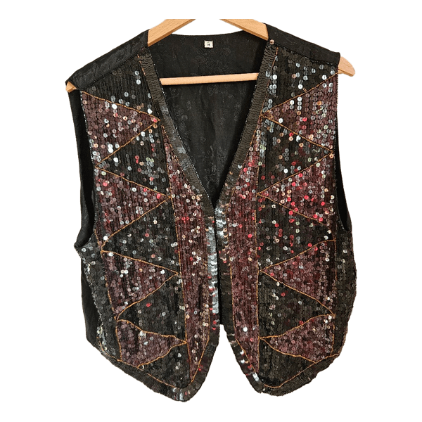 Vintage Sequin Beaded Vest Black Burgundy Gold Art Deco Party Waistcoat M