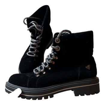 Black velvet lace-up boots
