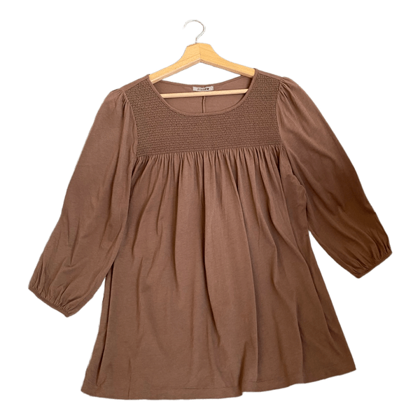 Brown smocked long-sleeved top