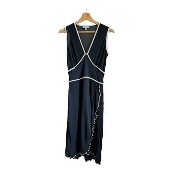 Pierre Cavallo Sleeveless Midi Dress Navy White Trim Ruffle Hem Size M