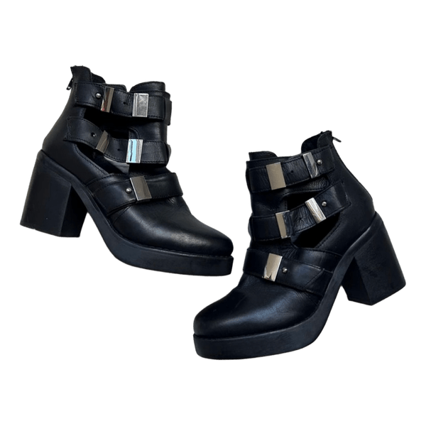 Black strapped block heel boots
