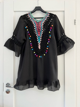 Beach Kaftan Style Tunic with Multicolored Pompoms