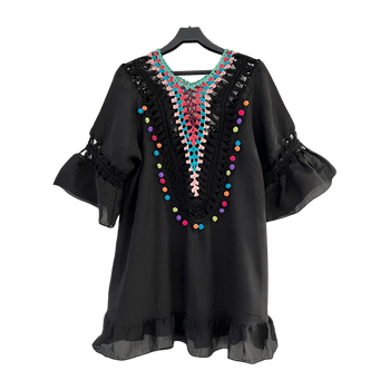 Beach Kaftan Style Tunic with Multicolored Pompoms