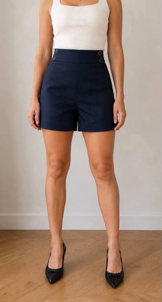 Navy High Waist Button Shorts 36