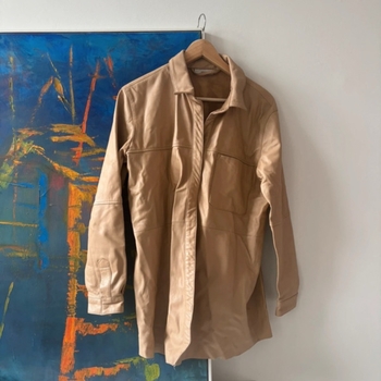 Beige leather shirt jacket
