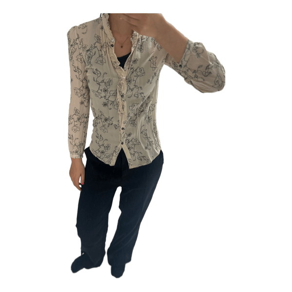 Beige floral ruffle blouse