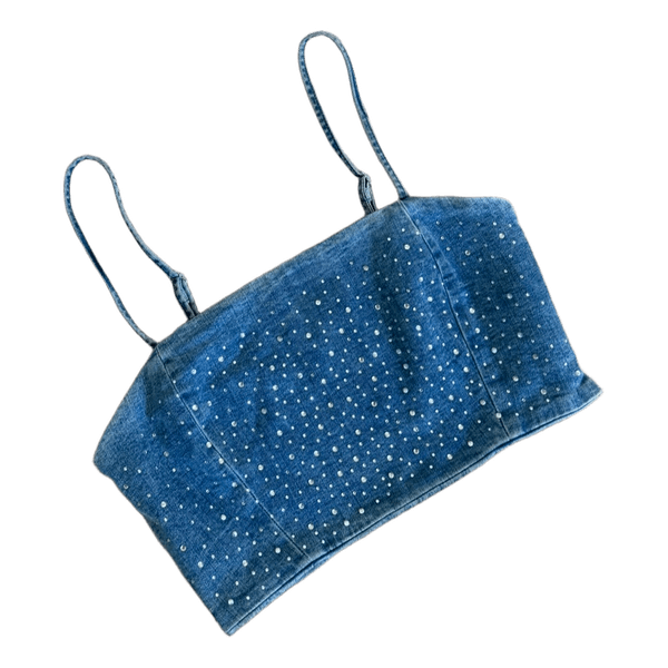 Denim rhinestone crop top
