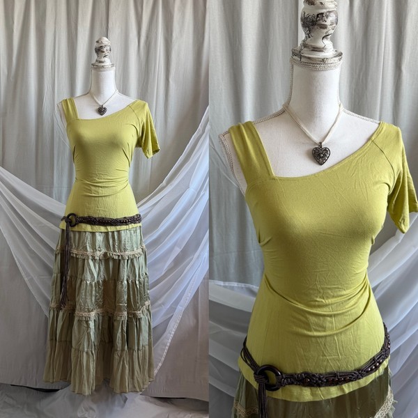 Green asymmetric short sleeve top babydoll tie up