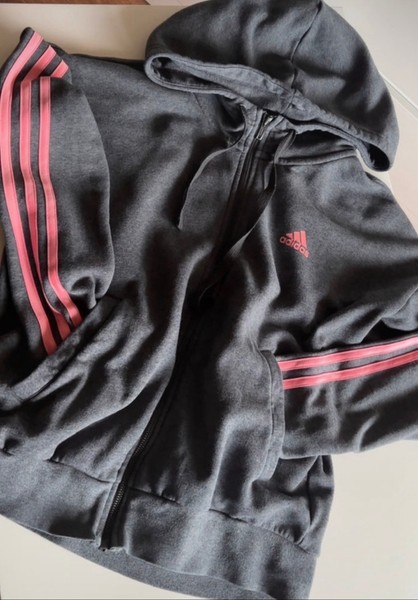 Grey adidas zip hoodie with pink stripes women jacket size S